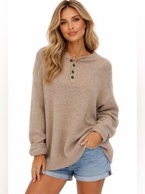 Eddie Bauer Cream Knit Henley Sweater Men’s Small